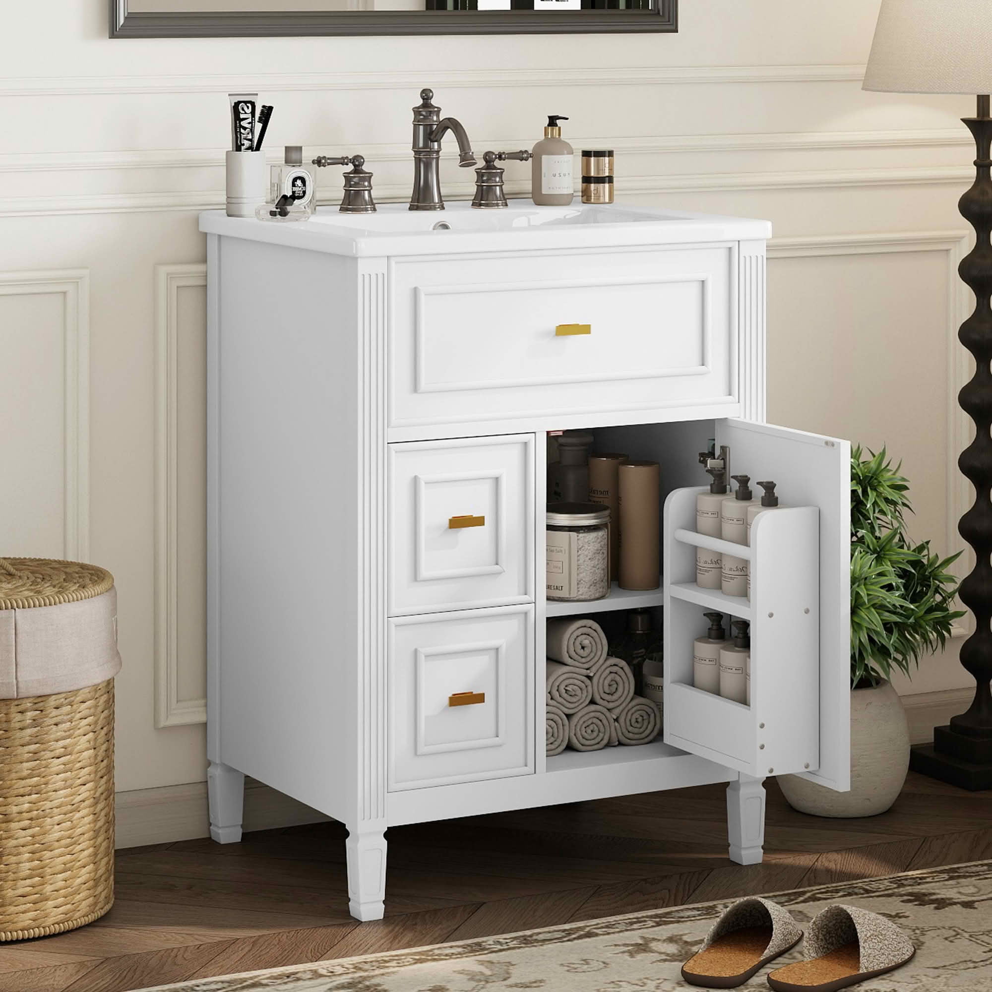 MAYEERTY 24" Bathroom Vanity with Sink, 1 Flip Drawer 2 Drawers Adjustable Shelf, Solid Wood MDF, White