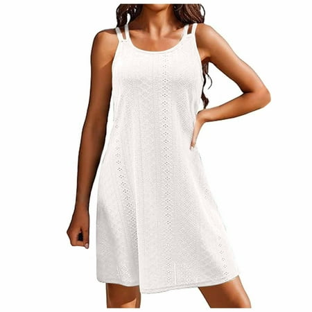 Fsqjgq Womens Summer Dresses Corset Dress for Women Party Dress White Strapless Dress Womens Swimsuit Cover Up Spaghetti Strap Eyelet Embroidery Scoop Neck Sleeveless Casual Bikini Coverup Floral 2XL