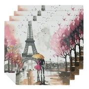 Fsmy Pink Paris Eiffel Tower Couple on Fancy Sakura Blossoming Paris Street Scenery Dinner Napkin 2 PCS