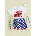 thumbnail image 3 of Baby Toddler Boy 4th of July Outfits, 6 12 18 24 Months 2T 3T Short Sleeve Letter Embroidery T shirt Tops + Elastic Waist Star Print Shorts Toddler Independence Day Clothes Set, 3 of 9