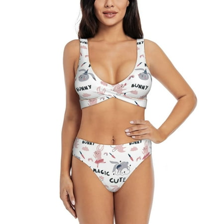 Zeuib Cute Magic Bunny High Waisted Tummy Control Bikini Set - Knot Front Push Up Top & Cheeky Thong Bottom  Two-Piece Swimsuit for Women-XX-Large