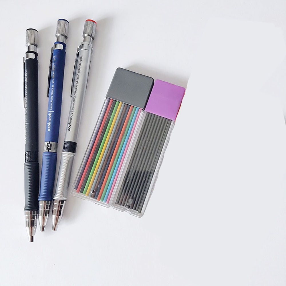 3 Pieces 2.0 Mm Mechanical Pencil With 2 Cases Lead Refills Color 