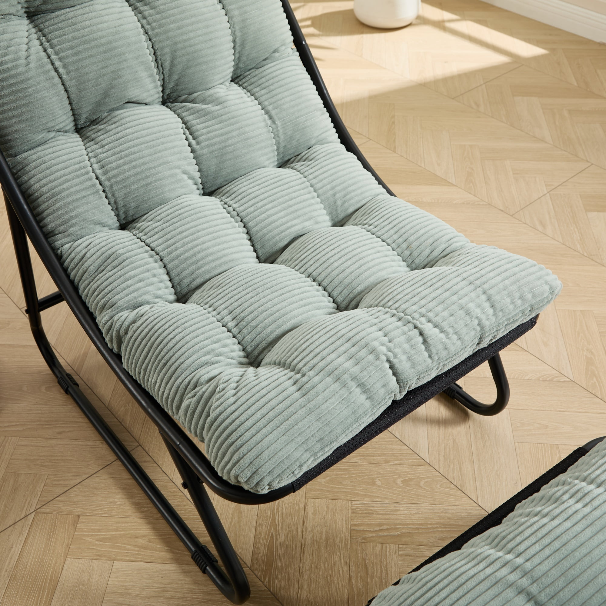 Outdoor Lounge Chair with Ottoman, Patio Sling Recliner with Puffy Cushion, Comfy Chaise Lounge with Foot Stool for Patio, Pool, Backyard, Black/Light Green