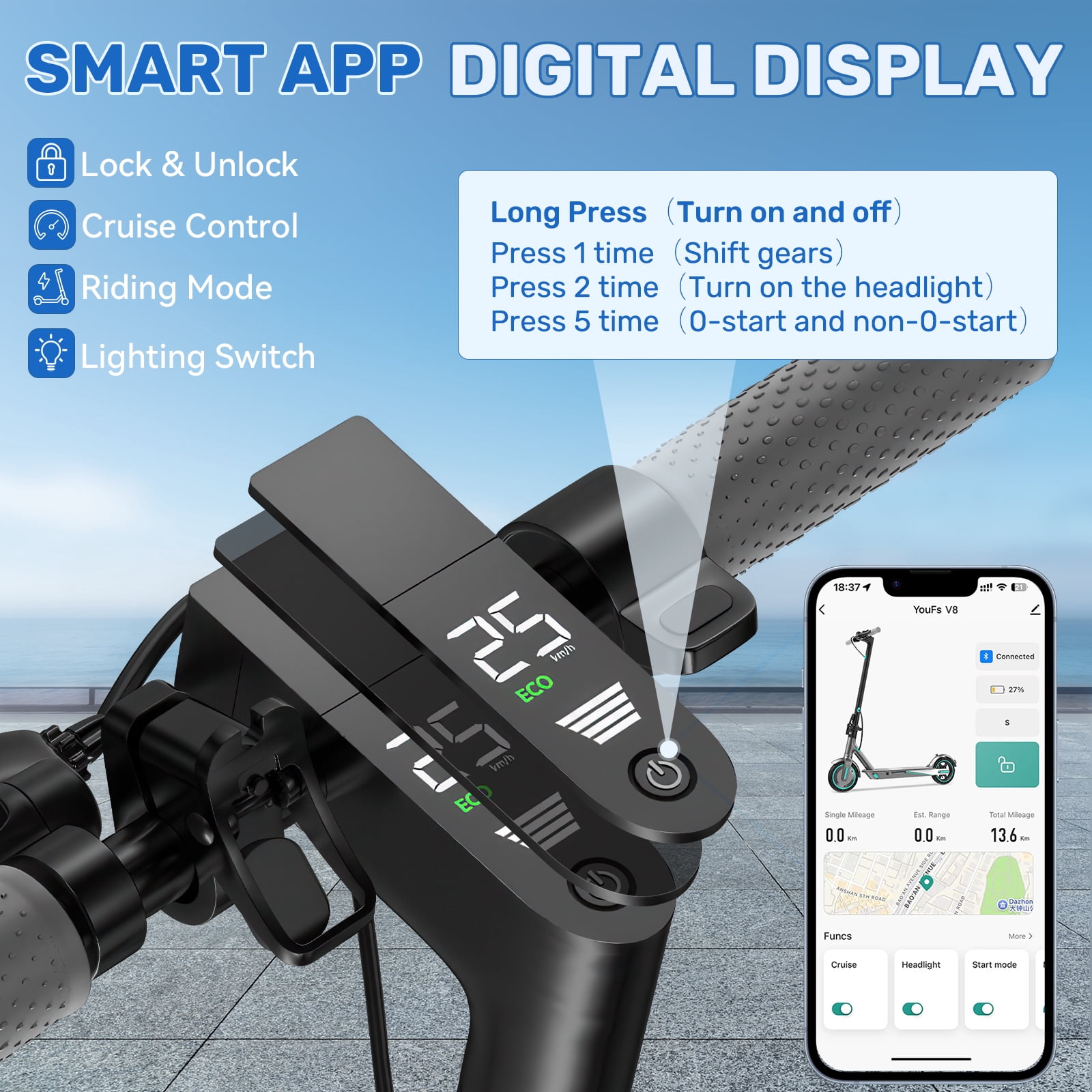 350W Electric Scooter, 19Mph Speed & Up to 21 Miles Range, 8.5"Anti-skid solid tyre, Foldable Commuting E-Scooter for Adults, APP Control, Double Braking System Blue