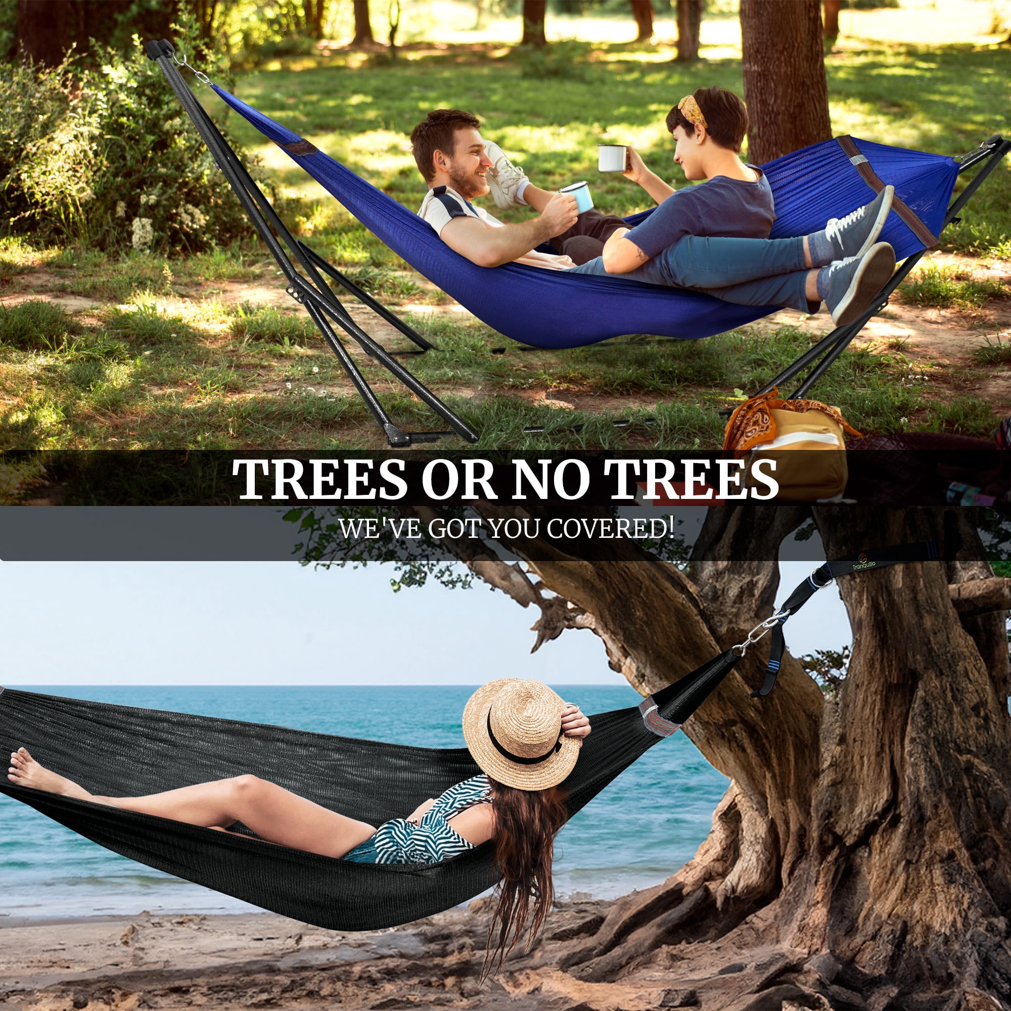 Tranquillo 600lb Capacity 2 Persons 2 Hammocks Included/Foldable Portable Hammocks with Stand, Tree Straps, Carry Bags for Garden Camping, Blue