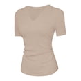 thumbnail image 7 of Nestiefly Womens Short Sleeve Shirts with Built in Bra V Neck Basic T-Shirts Workout Yoga Tops Athletic Shelf Bra Tops Padded Beige L, 7 of 7