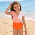 thumbnail image 6 of YTCAMLO Little Girls One Piece Swimsuits Summer Fashion Color Block Patchwork V Neck Ruffle Sleeve Bathing Suits Quick Dry Beach Swimwear, Orange 13-14 Years, 6 of 8