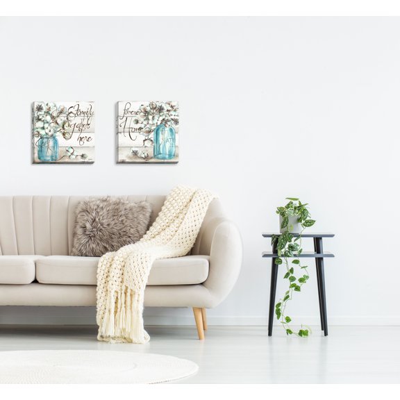 Gango Home Decor Family Home, Inspirational Floral Wall Art; Two Blue 12x12in Hand-Stretched Canvases