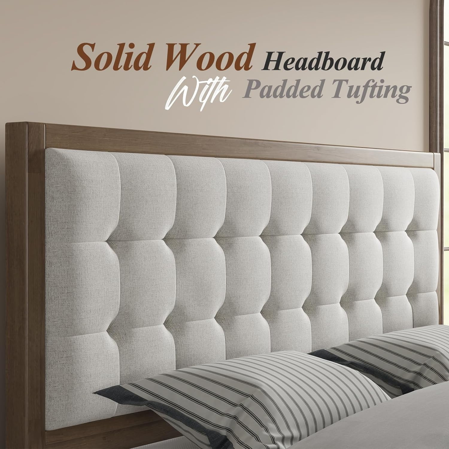 LUXOAK Queen Bed Frame, Adult Wood Platform Bed with Upholstered Headboard, Ash Gray