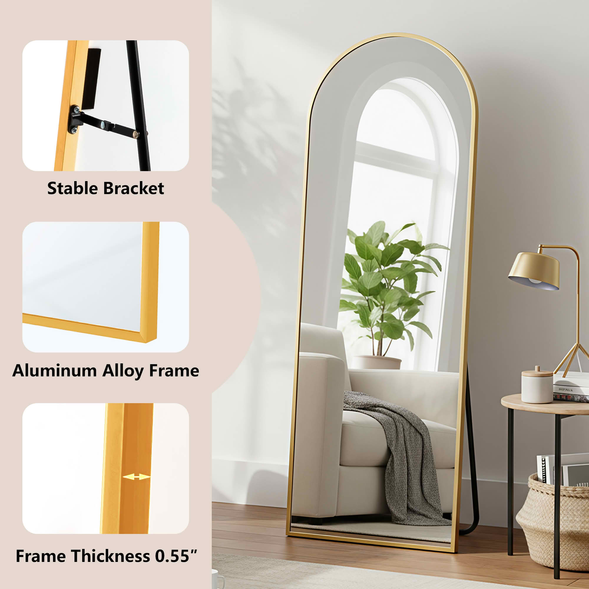 MAYEERTY 64x21in Aluminum Full-Length Mirror, Arch Shape Tempered Glass With Stand, Gold