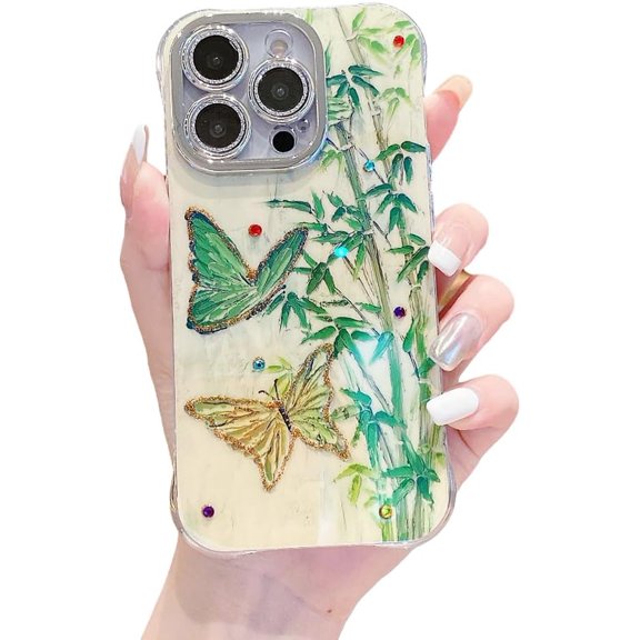 Designed for iPhone Case,Luxury Glitter Bling Rhinostone Bamboo Butterfly Pattern Silicone Shockproof Cover Phone Case (iPhone 13 Pro,Green)