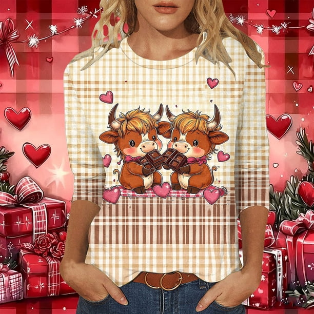 Xuyuer Valentine T Shirts Love Heart Printed Graphic Tee Tops Women's Casual 3/4 Sleeve T-Shirts Round Neck Cute Tunic Tops Basic Tees Blouses Business Work Tee Top Spring Shirts