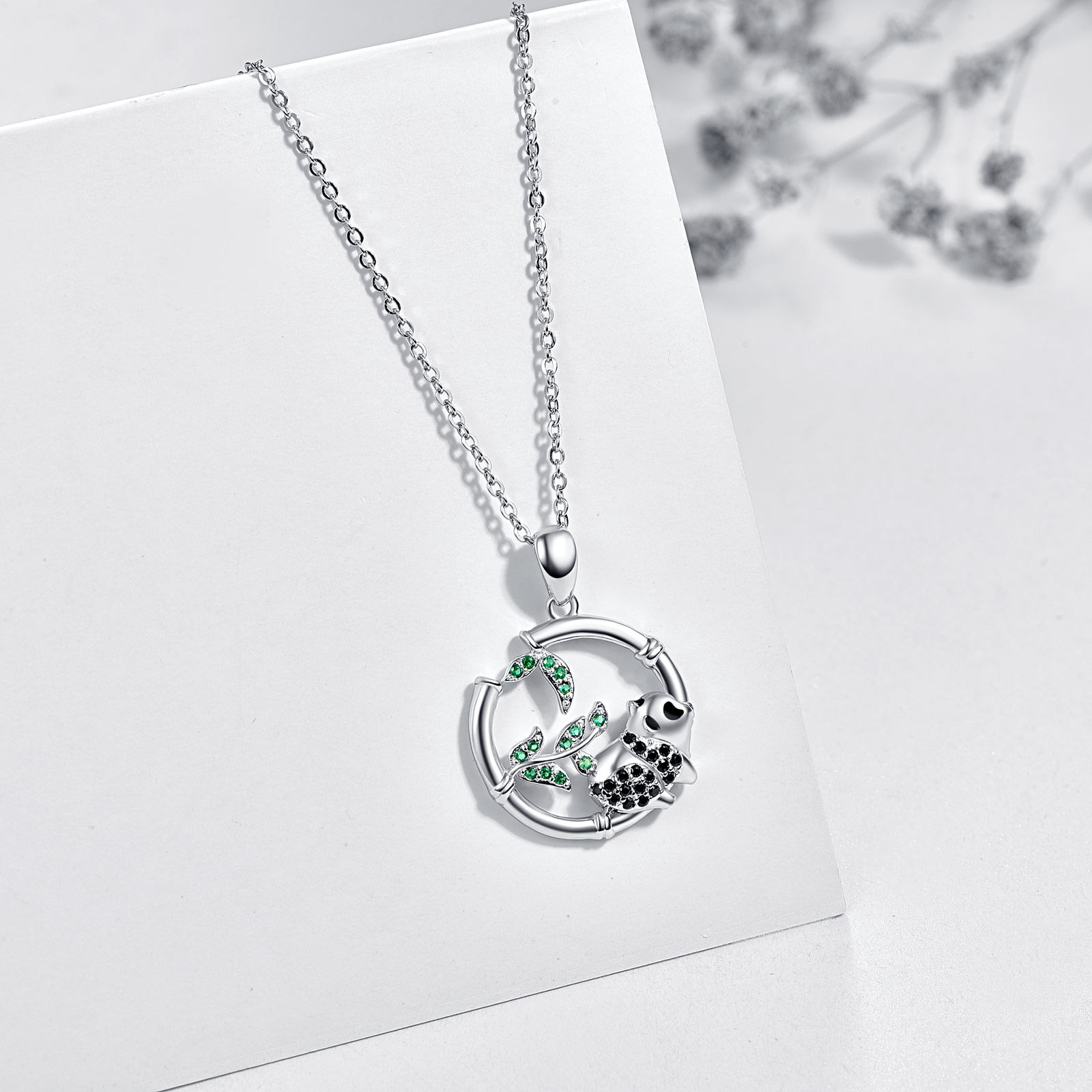 CUOKA MIRACLE Bamboo Green Leaf Pandas Necklace Cubic Zirconia 925 Sterling Silver Necklace Jewelry Birthday Mother's Day Gift for Women Girlfriend Daughter Wife Mom Friend
