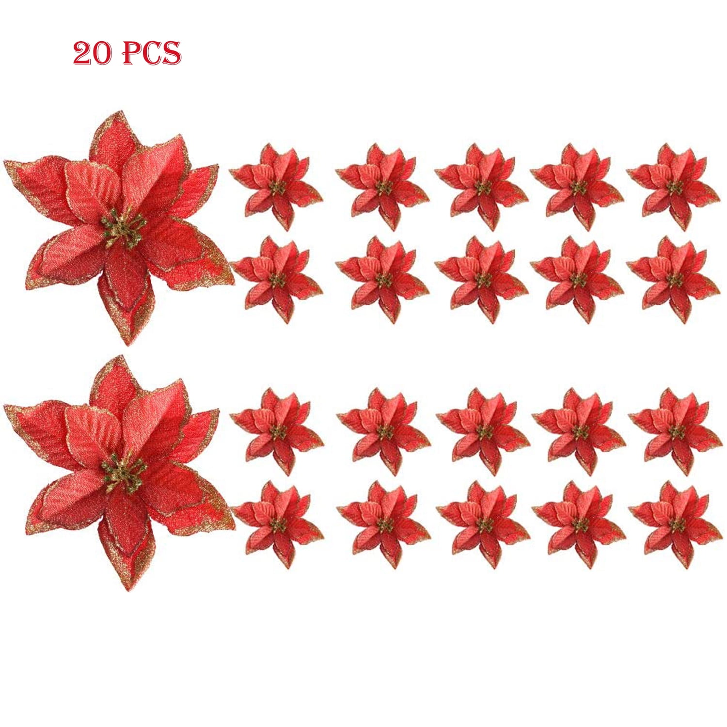 Coolmade 20 Pcs 5.5 in Christmas Tree Decorative Silk Flower Gold Poinsettia Bush and Red Poinsettia Bush Artificial Flowers Red Glitter Poinsettia Christmas Tree Ornaments