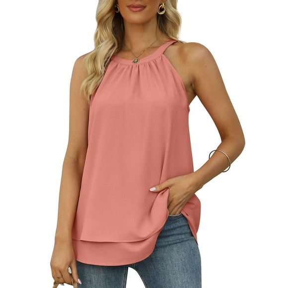 LSLJS Womens Crew Neck Tank Tops Womens Blouse Halter Tank Tops Summer High Neck Sleeveless Chiffon Tops