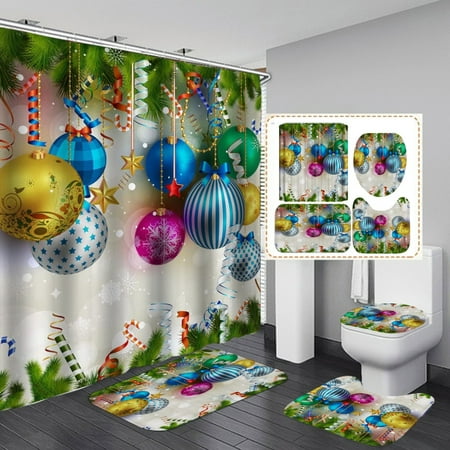 4 Piece Bathroom Set, Christmas Printed Shower Curtain and Bath Mat Set with Non-Slip Rug, Toilet Lid Cover Modern Waterproof Shower Curtain Set