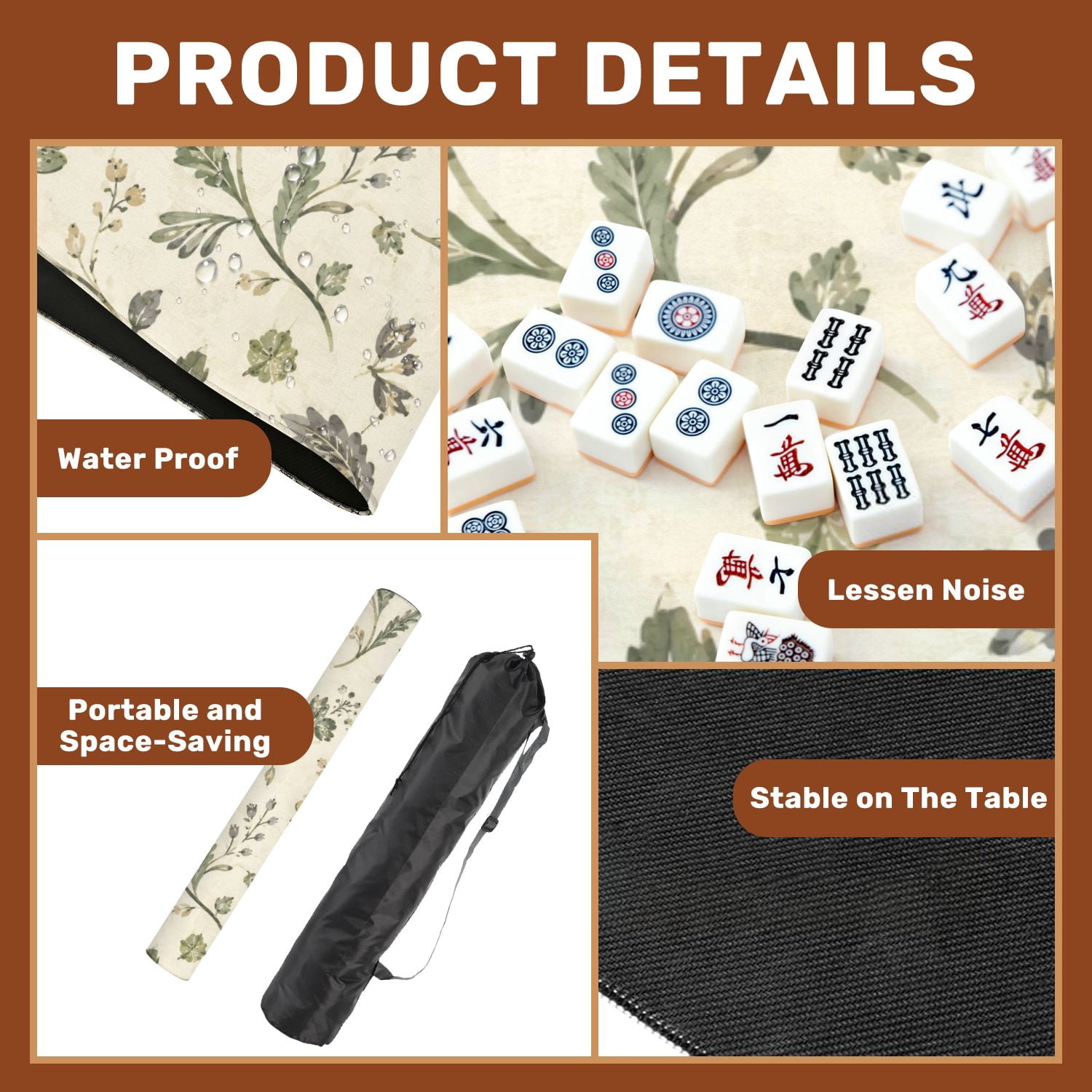 Mahjong Mat 31.5" x 31.5" Vintage Floral Botanical Soft Green Mustard Yellow Gray Watercolor Non-Slip Noise Reduction American Mahjong Tiles Table Cover for Dominoes Poker Card Board Games Gift