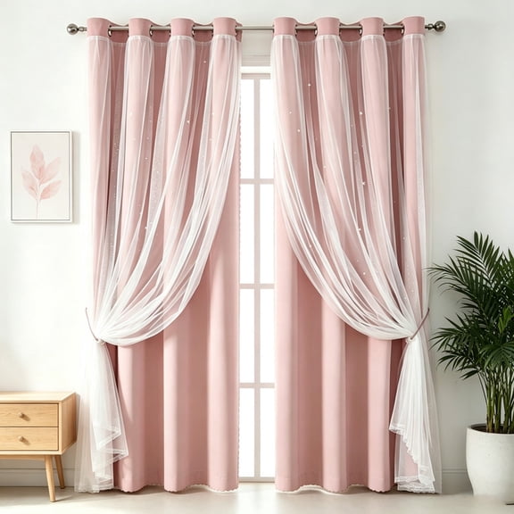 2‑Panels 52×63 in Double‑Layer Star Cutout Blackout Curtains, Rod Pocket Window Drapes for Girls Bedroom & Living Room