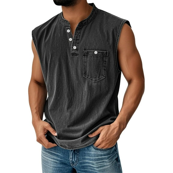 Evdexr Shirts for Men 2025 Button Down Henley Muscle Fit Sleeveless Hawaiian Tanks Solid Plain Relaxed Fit Tee Trendy Lapel T-Shirt with Pockets Black L