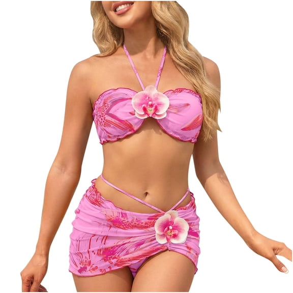 CHUMUD Womens Bikini Sets Three Piece Swimsuits Halter Tie Bathing Suit 3D Floral Swimwear Mesh Cover Up Skirts Summer Sunbathing Beach Vacation