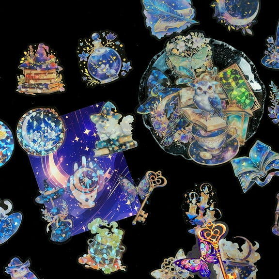 60 PCS Magic Cat Stickers – PET Holographic Foil Decals with Mystical Elements for Journals, Scrapbooking & DIY Crafts