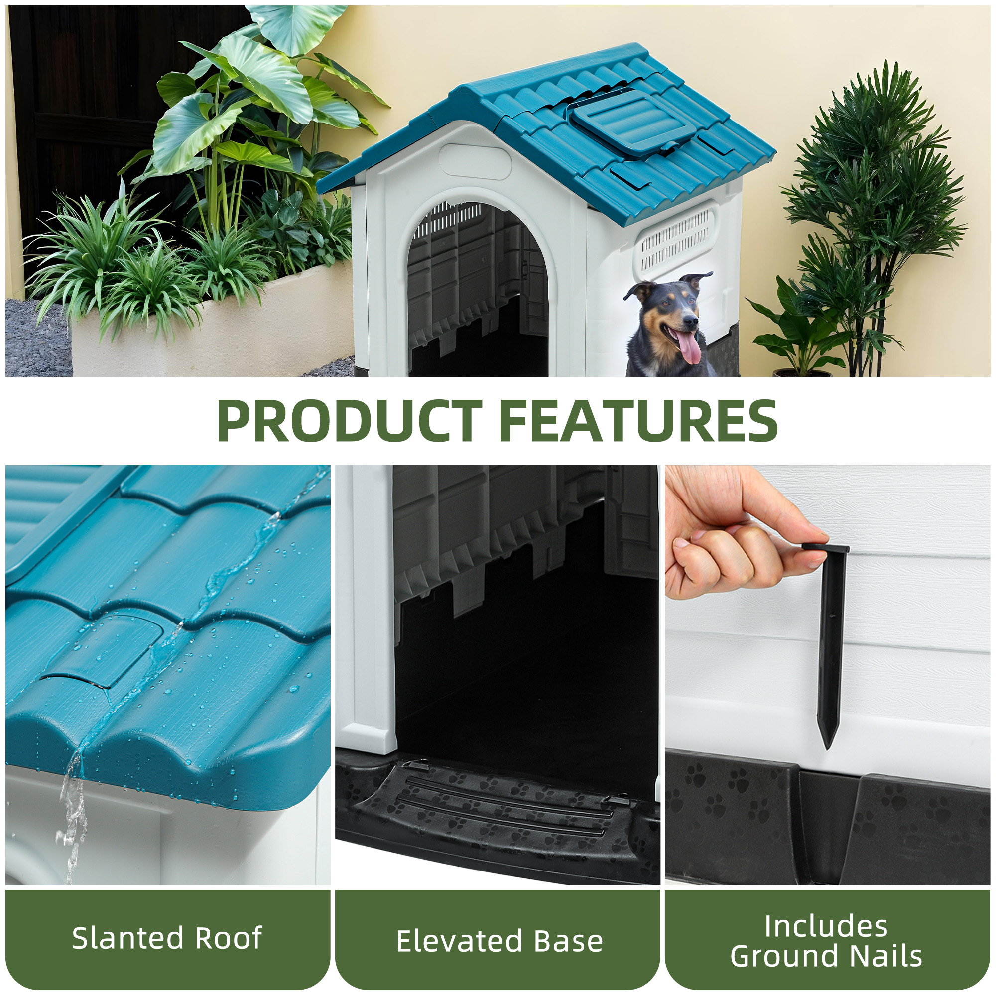 Uforic Waterproof Foldable Plastic Dog House with Adjustable Skylight and Elevated Floor, Outdoor Indoor Doghouse Puppy Shelter,Blue,33.1''Lx 27.6''Wx 30''H