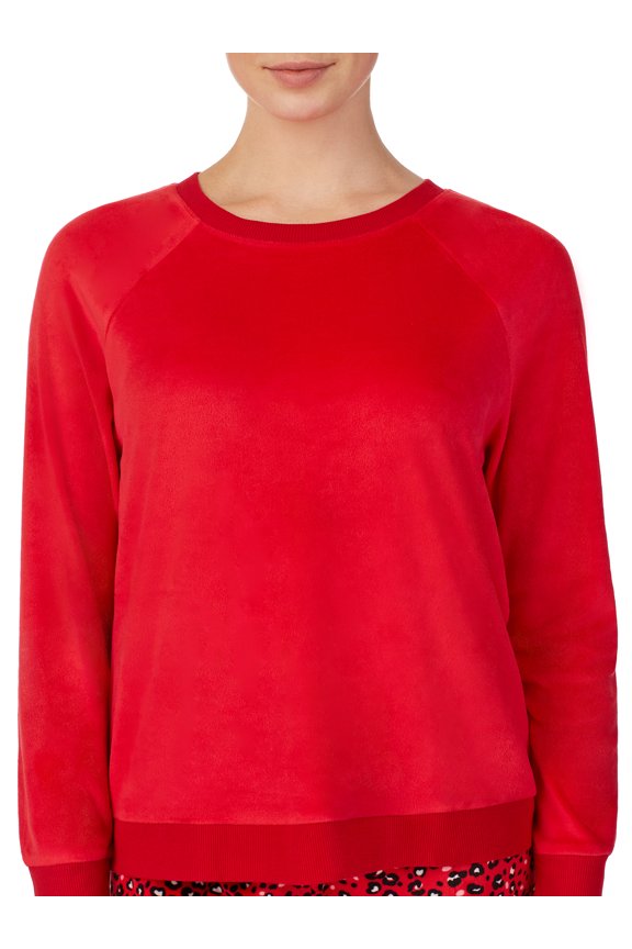 Women's and Women's Plus Velour Long Sleeve Crew-Neck Top