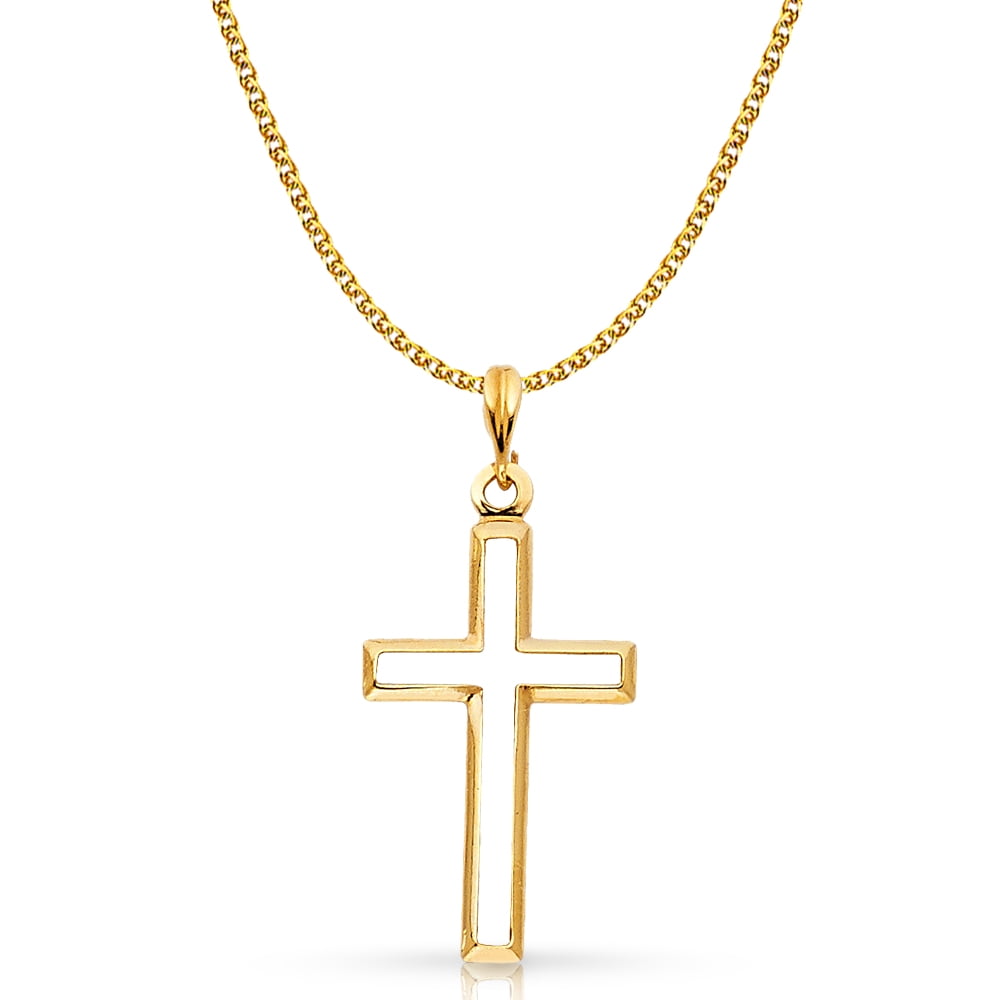 14K Yellow Gold Cross Charm Pendant with 1.5mm Flat Open Wheat Chain Necklace
