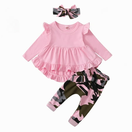 

KIMI BEAR Toddler Baby Girls Pant Sets 3-4T Girls Outfit Sets Fall Long Sleeves Tops Camouflage Pants with Headband 3pcs Pink 18-24 Months