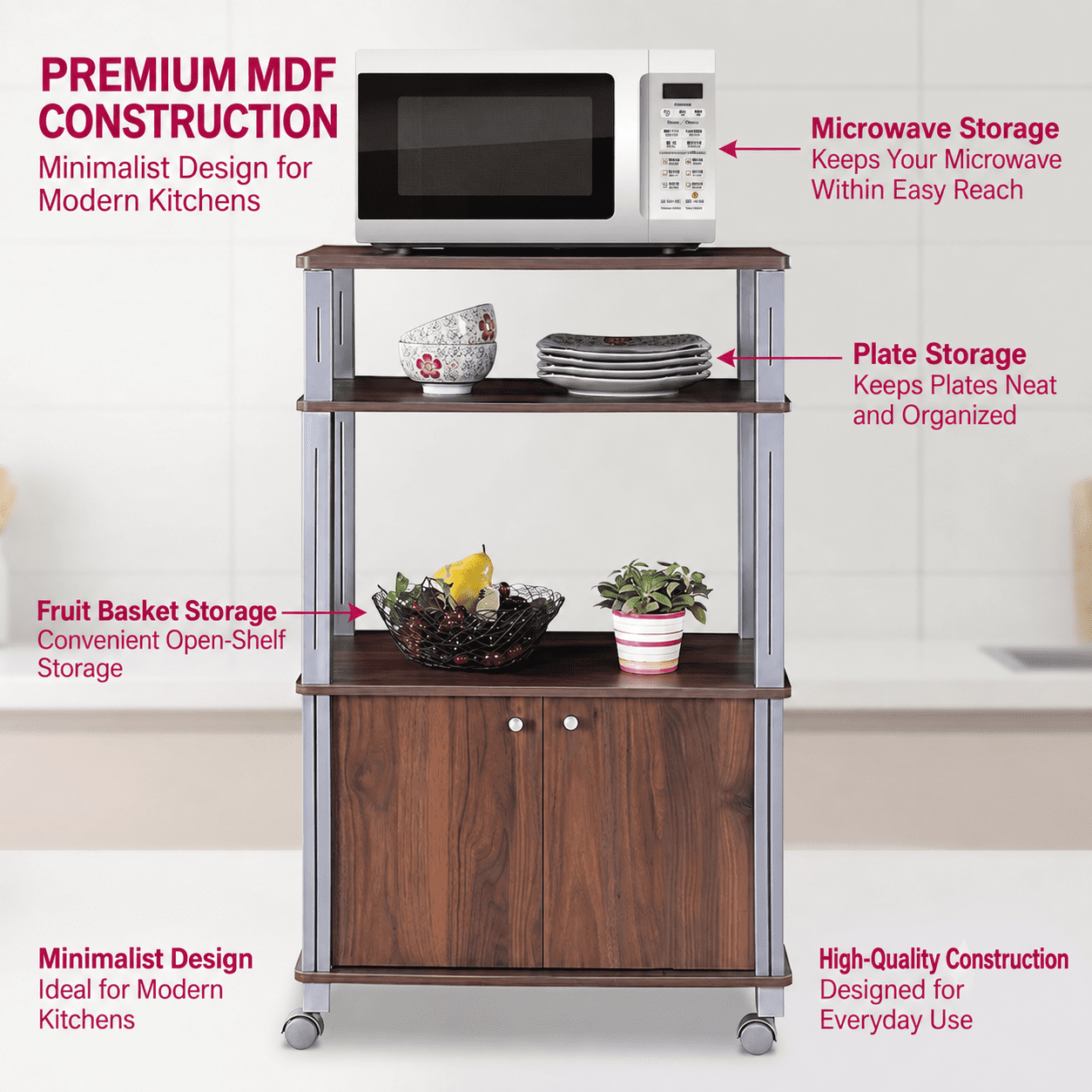 RUIE 3-Tier Microwave Stand with 2-Door Cabinet, Rolling Kitchen Storage Cart for Dining Room, Walnut