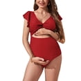 thumbnail image 1 of FOCUSNORM Women Swimsuit Maternity Rompers Swimwear Solid Color Ruffles Fly Sleeve V-Neck Backless Pregnancy Bathing Suit, 1 of 5