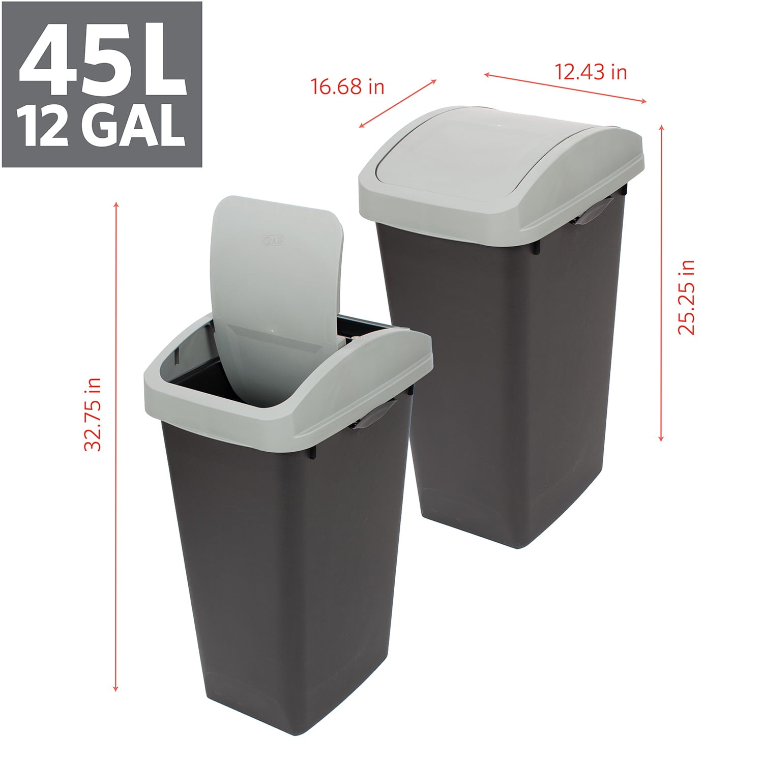 GLAD Kitchen Trash Can, 12 Gallon Plastic Garbage Bin with Swing Top Lid and Recycle Sticker, Grey
