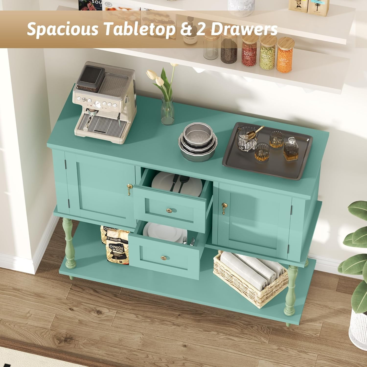 QinaQin Entryway Table with 2 Drawers,Vintage Console Table with Storage Shelf and 2 Doors,Farmhouse Buffet Sideboard Cabinet for Hallway,Entryway,Green