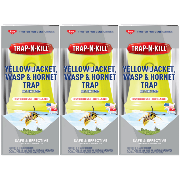 Enoz Trap-N-Kill Outdoor Yellow Jacket, Hornet, and Wasp Trap with Bait, 3 Pack