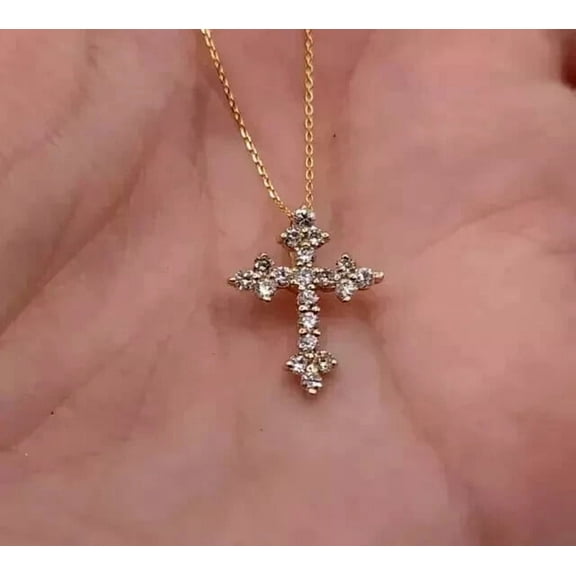 1.20 Ct Round Cut Lab-Created Diamond Cross Pendant Necklace 14k Yellow Gold Plated