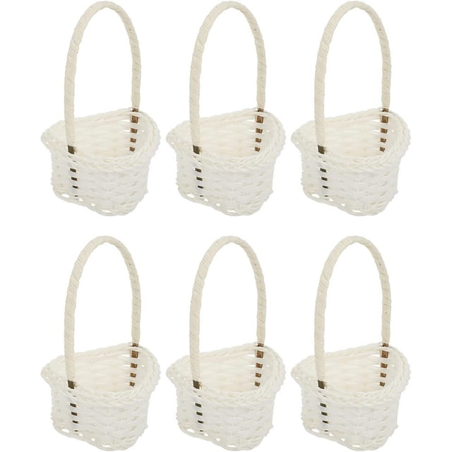 Apuakthei 6 Piezas Mini Cesta de Flores de Ratán Mini Cesta de Flores Tejida Bandeja de Flores de Boda con Mango de Plástico Cesta de Flores Pequeña para Decoración de Bodas