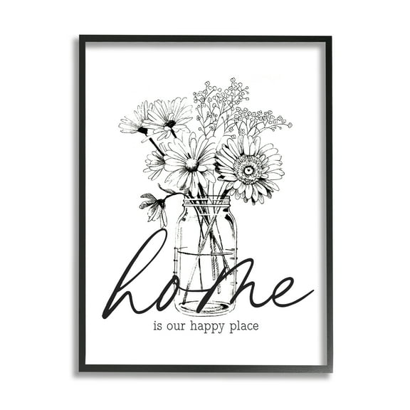 Stupell Industries Home Happy Place Flower Blossoms Jar Bouquet Graphic Art Black Framed Art Print Wall Art, Design by Lettered and Lined