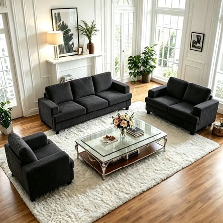 Puremind 3 Piece Living Room Furniture Sets, Modern Chenille Sofa Set for Living Room/Small Spaces, Sofa, Loveseat and Armchair, Dark Gray