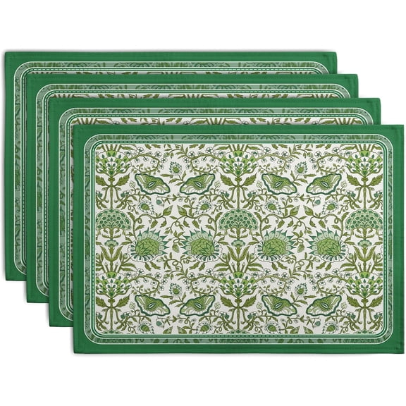 Green Floral Boho Placemats Set of 4, 12x18 Inch Vintage Chinoiserie Block Print Place Mats Seasonal Spring Summer Rustic Farmhouse Table Mats for Party Kitchen Dining Outdoor Indoor Decor