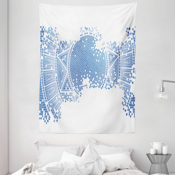 Geometric Tapestry, Old Worn Out Ancient Greek Mosaic Pattern Antique Historical Round Tile Artwork, Wall Hanging for Bedroom Living Room Dorm Decor, 60W X 80L Inches, Pale Blue, by Ambesonne