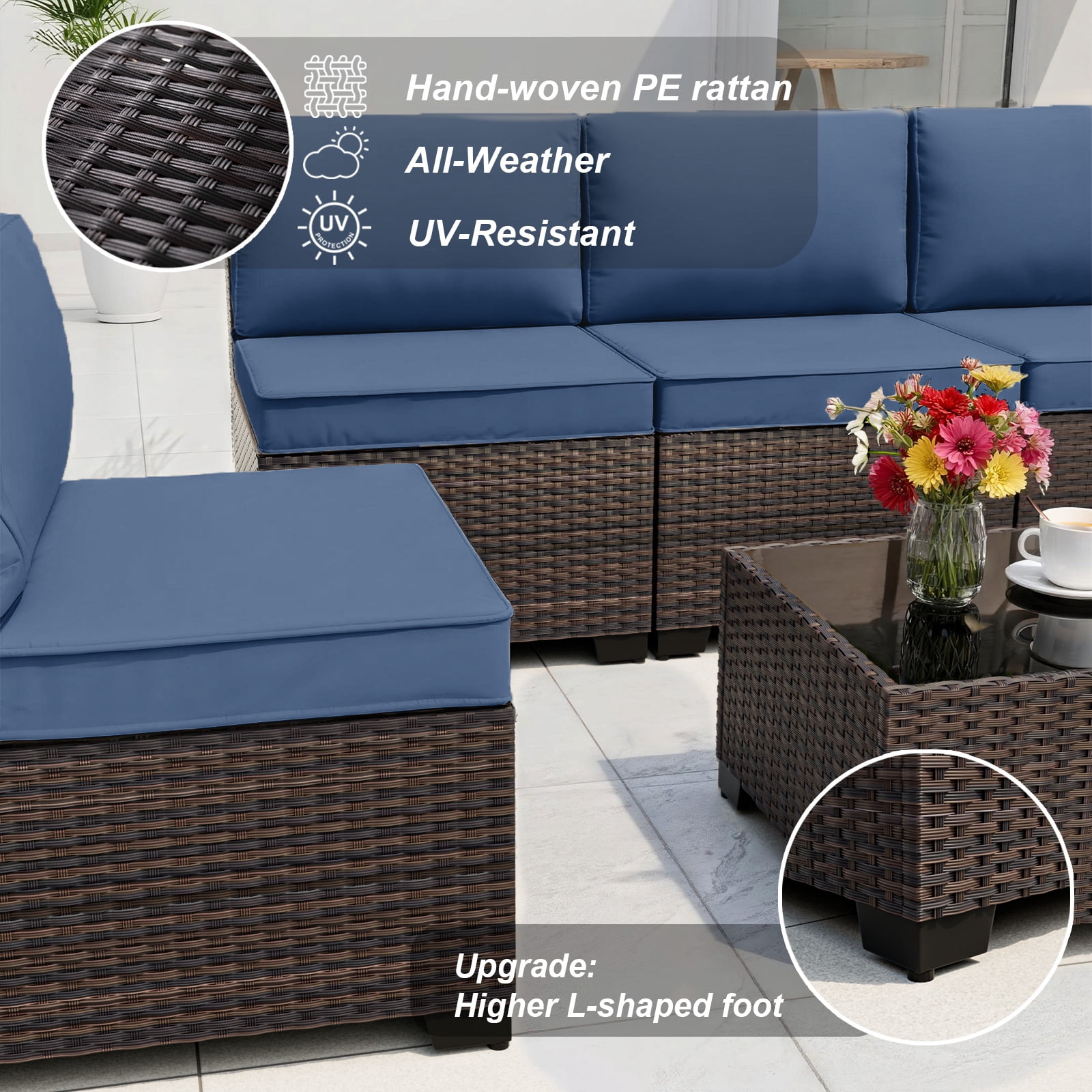 Gotland 7 Piece Outdoor Patio Furniture Set PE Rattan Wicker Patio Sectional Sofa Conversation Set Tempered Glass (Navy Blue)