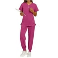 thumbnail image 6 of Ecqkame Scrub for Women Sets Solid V-Neck Short Sleeve Tops and Long Pants Nurse's Workwear Lightweight Side Slit Suits with Pockets Hot Pink XXL, 6 of 9