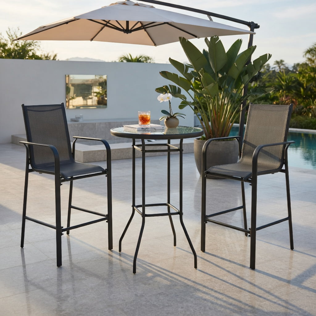 Hommoo 3-Piece Outdoor Patio Bar Set, Steel Frame with Tempered Glass Table & Fabric Stools for Backyard, Poolside & Garden, Black