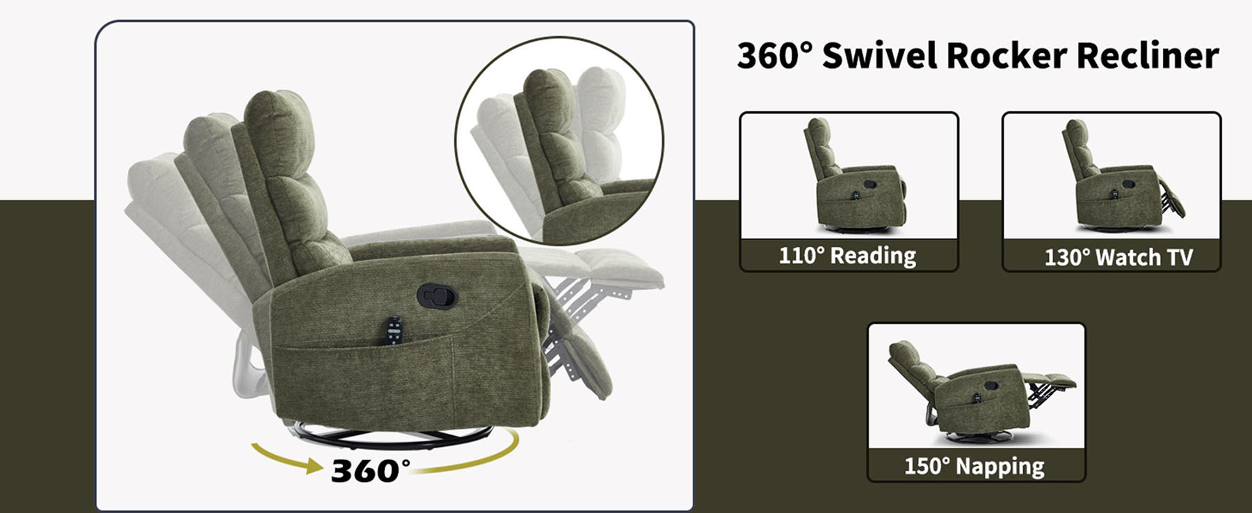 S-HOME Comfortable Heat Massage Manual Recliner Chair In Durable Fabric Featuring Rocker And Swivel For Ultimate Relaxation，Green