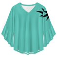 thumbnail image 4 of Teal Background Black Starburst Design Women's V-Neck Blouse With 3/4 Ruffled Bell Sleeves Casual Top Ladies Blouses, 4 of 7
