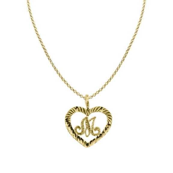 Genuine 14k Yellow Gold 0.59" Fancy Heart Initial Letter M Necklace 16", 18", 20", 22" Trendy Charm Initial Necklaces for Women