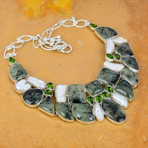 Prehnite, Pearl & Peridot Necklace – Natural Gemstone Combo Pendant in Handmade 925 Sterling Silver Jewelry