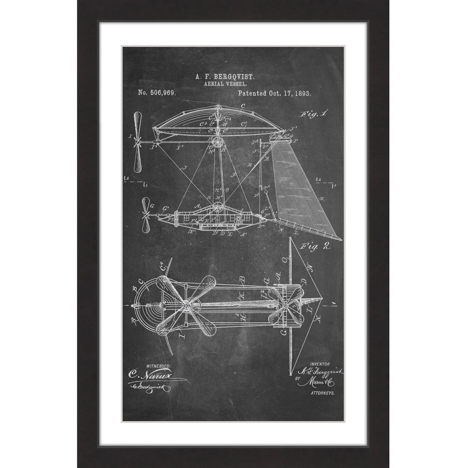"Aerial Vessel 1893 Chalk" Framed Painting Art Print, 12" x 1.5"
