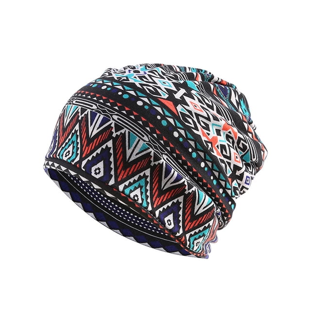 Freer Bonnet Décontracté Style Bohème Musulman Hijab Turban Extensible Protection des Oreilles Accessoires de Coiffure Bonnet Bleu Losange