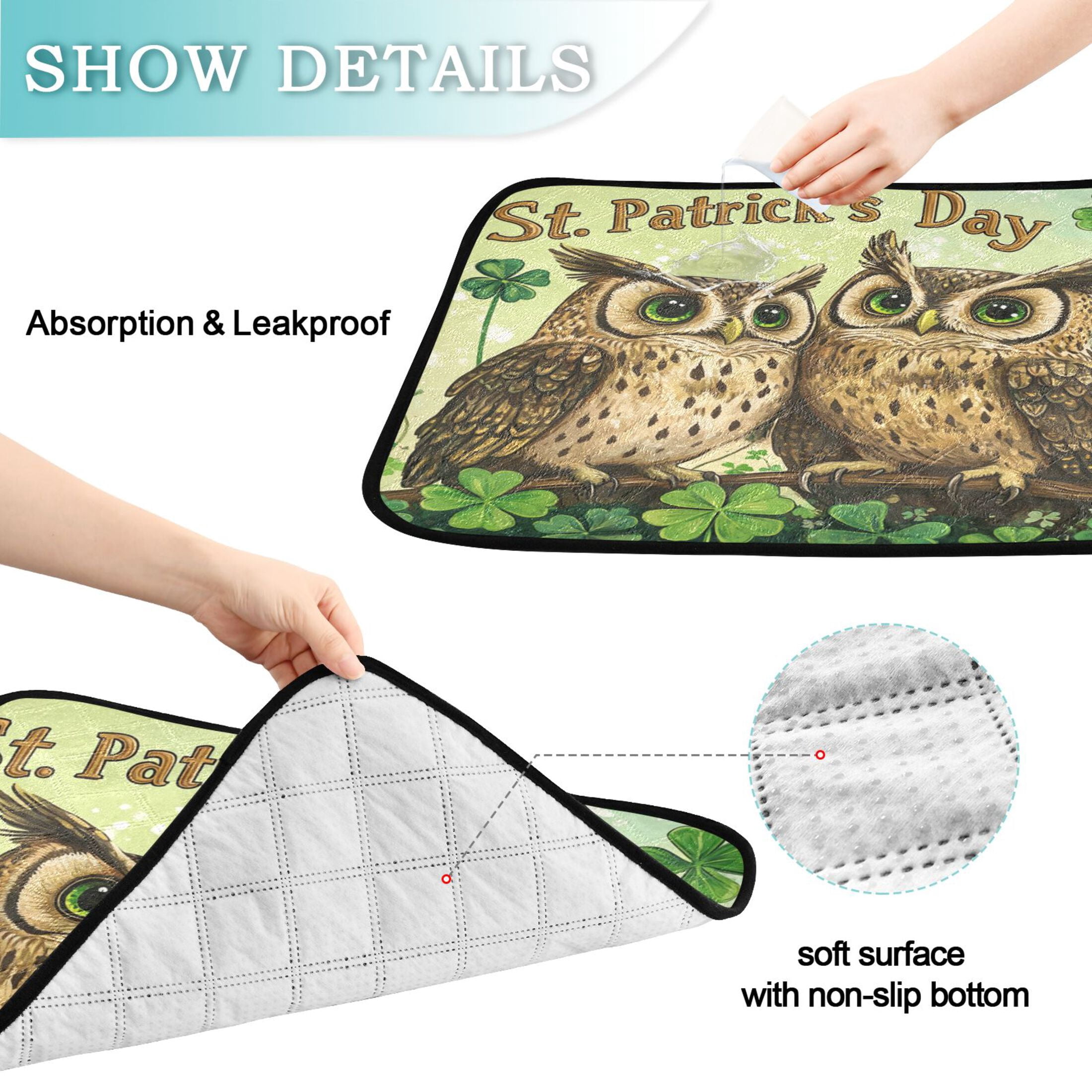 Qxltty Stpatricks Day Cute Owls Cat litter Pads Pet Set of 3 Diaper Mats Center Anti-leakage Layer Absorbent Soft and Comfortable